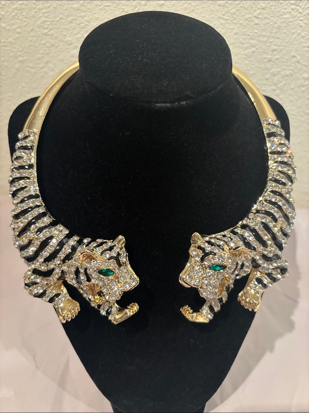 Natasha Gold Tone Crystal Tiger Collar/Choker Necklace with Green Eyes